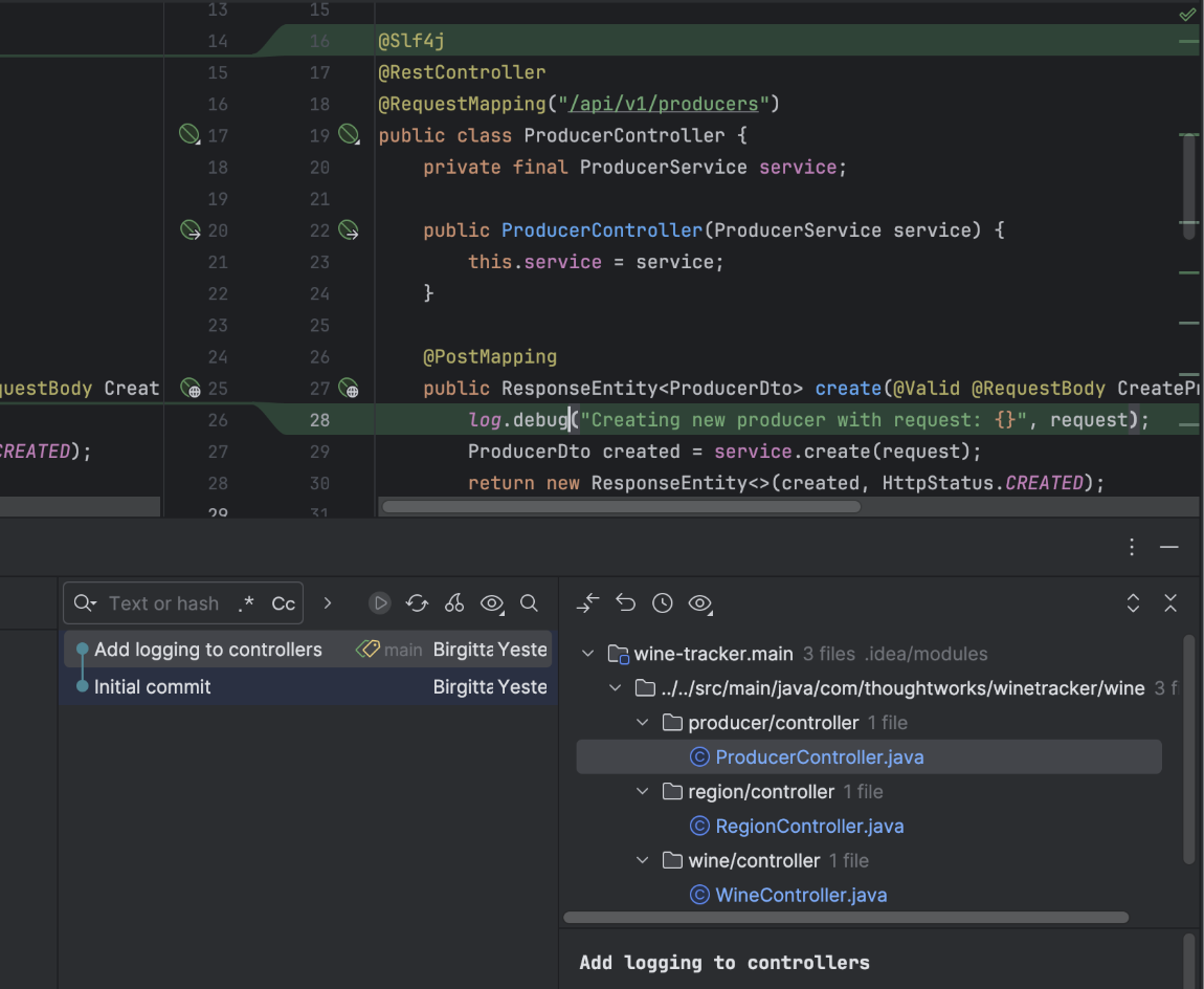 Screenshot showing a git commit diff that introduces @Slf4j to a controller, and log.debug statements to each controller method